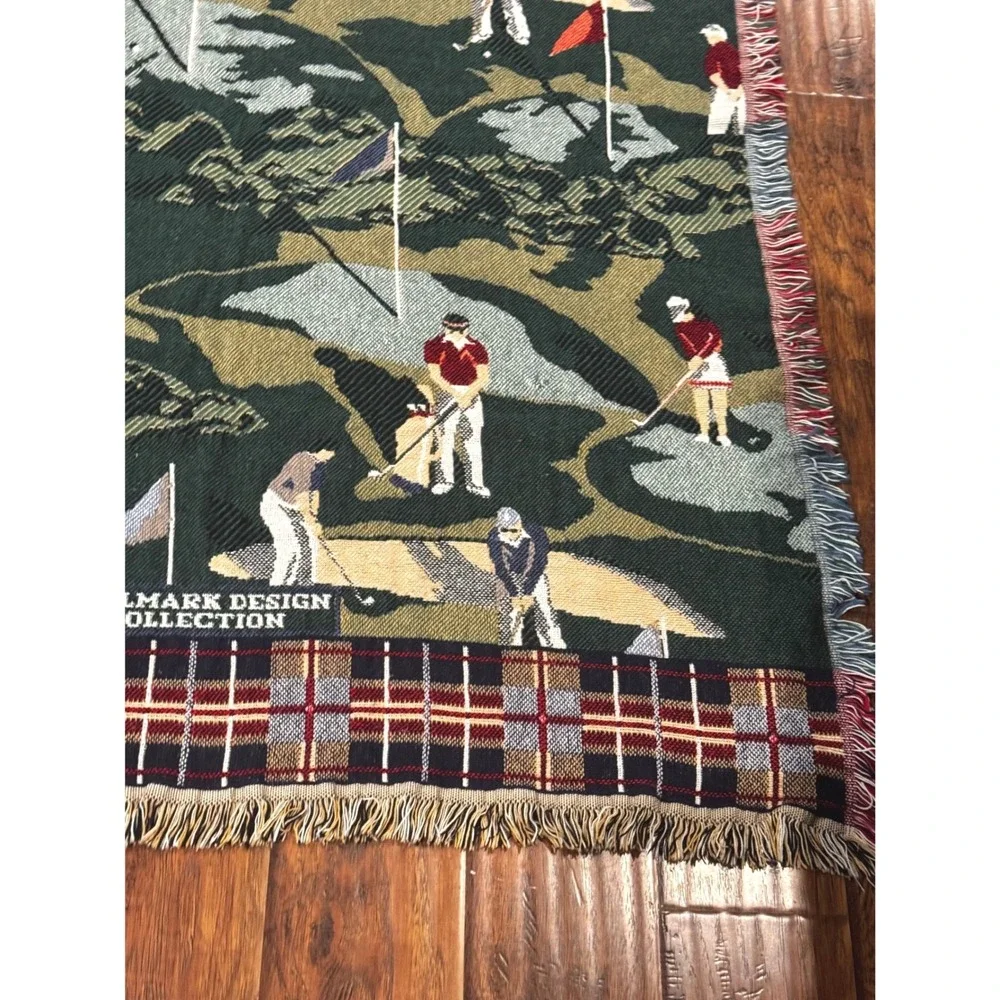 Goodwin Weavers Golf Tapestry Throw Blanket 52x70 Green Woven Cotton Hallmark